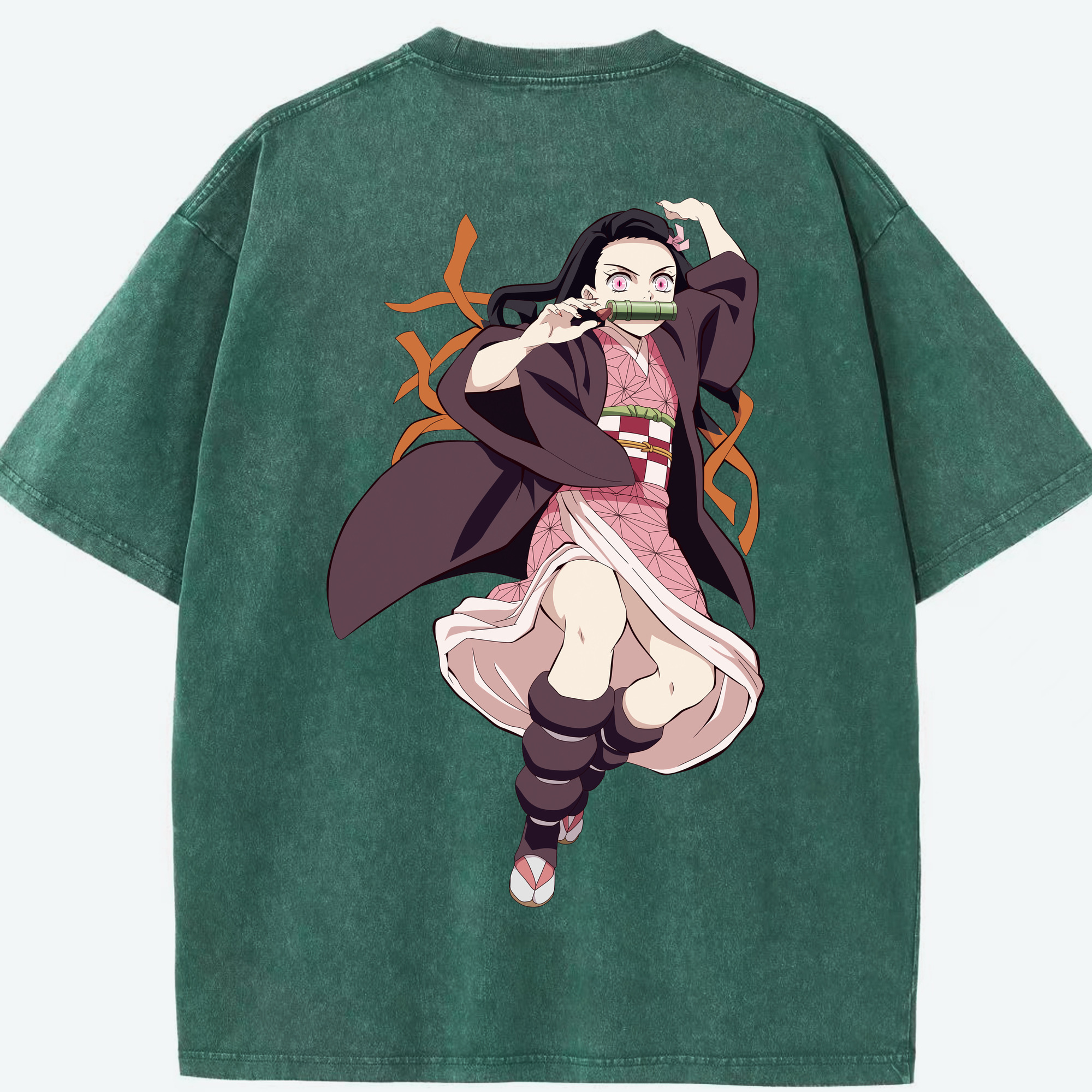（画像用） 鬼滅の刃（きめつのやいば）竈門 禰󠄀豆子／かまど ねずこ Kamado Nezuko 綿100% ヴィンテージ風 半袖Tシャツ（背面プリント）